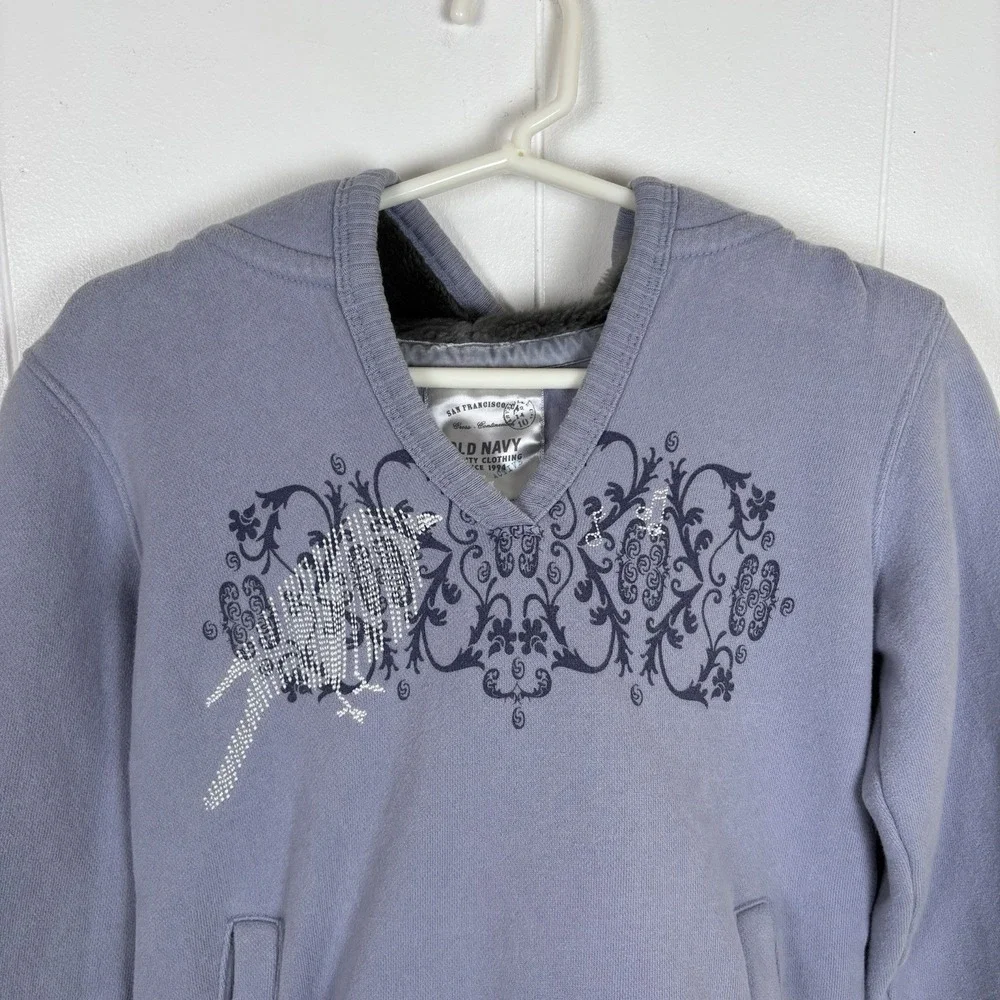 Vintage Old‎ Navy Gray Faux Fur Hoodie Embroidered Bird Size Large - 5-7Y  Girls